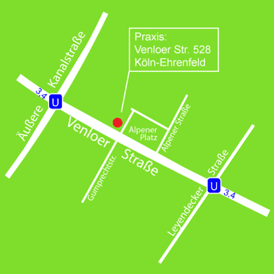 Kartendarstellung der Lage der Praxis an der Venloer Straße in Köln-Ehrenfeld